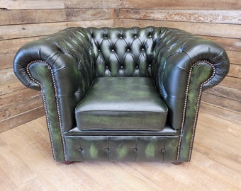 Distressed Chesterfield Antique Green Leather Club Armchair Tub Lounge Chair