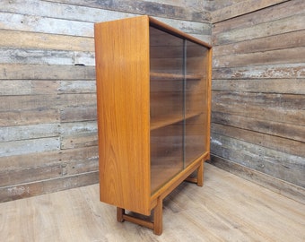 Mid Century Glazed Bookcase Sliding Doors Two Adjustable Shelves Retro Chic