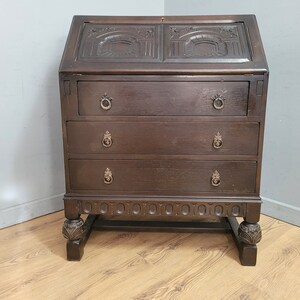 Vintage Jacobean Style Carved Desk Bureau Interior Drawers Acorn Legs