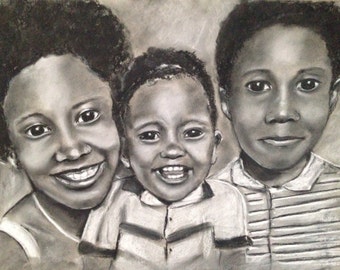 Group portrait, siblings portrait drawing, kids portrait, charcoal art, drawing from your photo, two people , custom portraits
