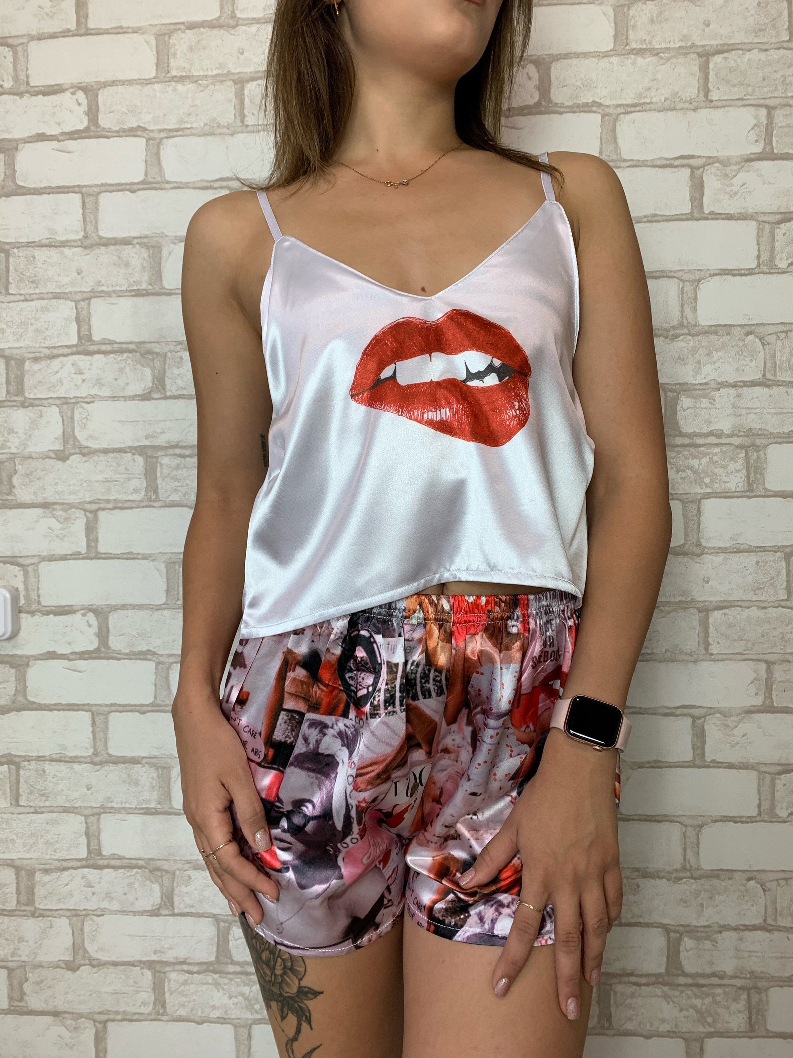 Pajamas Womens Lips Pajama Set Crop Top and Shorts Lingerie Etsy