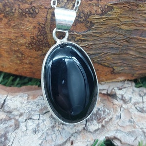 Black Obsidian Silver Plated Brass Pendant Cabochon Cut Healing Crystal