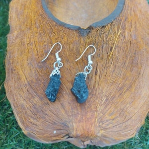 Black Tourmaline Rough Crystal Earrings Handmade image 1