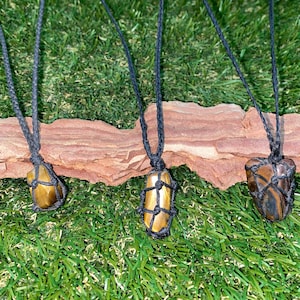 Tiger Eye Polished Mineral Stone Brazilian Crystal Healing Makrame Wrapped Necklace Protection Gift Accessories