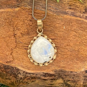 Moonstone Brass Pendant Cabochon Cut Healing Crystal