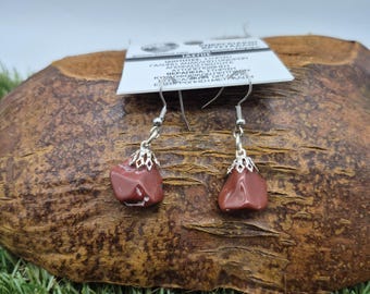 Puede incluir: Un par de pendientes de piedra marrón rojizo con detalles de metal plateado. Los pendientes cuelgan frente a un fondo marrón texturizado, con hierba verde en primer plano.