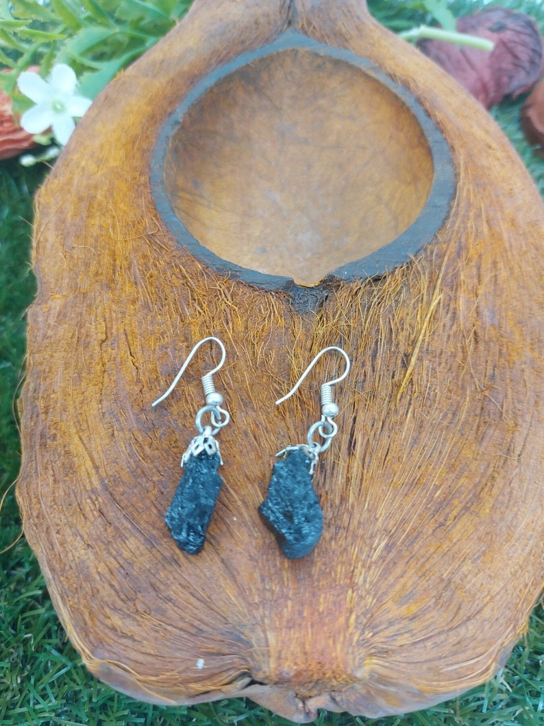 Black Tourmaline Rough Crystal Earrings Handmade image 1