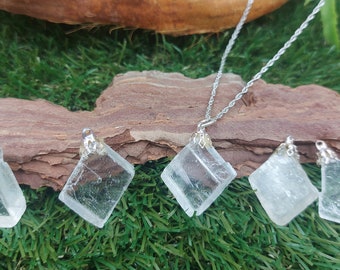 Optical Calcite Iceland Crystal Rough Crystal Sterling Steel Necklace-Icelandic Crystal/Mineral Stone