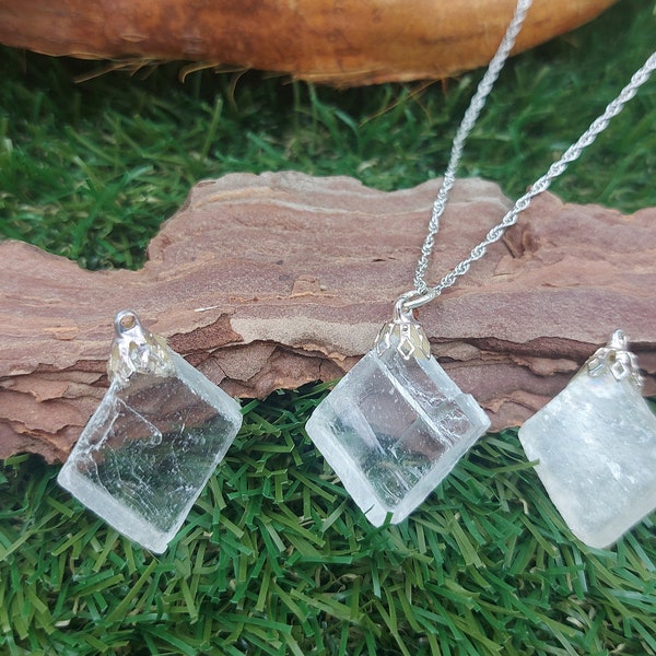 Optical Calcite Iceland Crystal Rough Crystal Sterling Steel Necklace-Icelandic Crystal/Mineral Stone