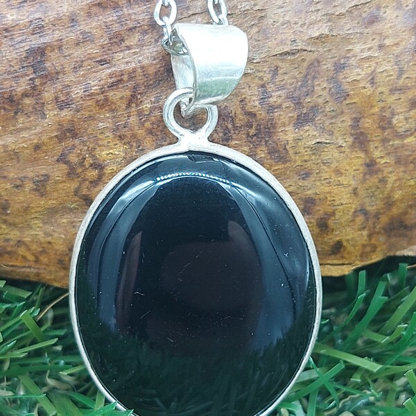 Schwarz Obsidian Kristall Silber Halskette