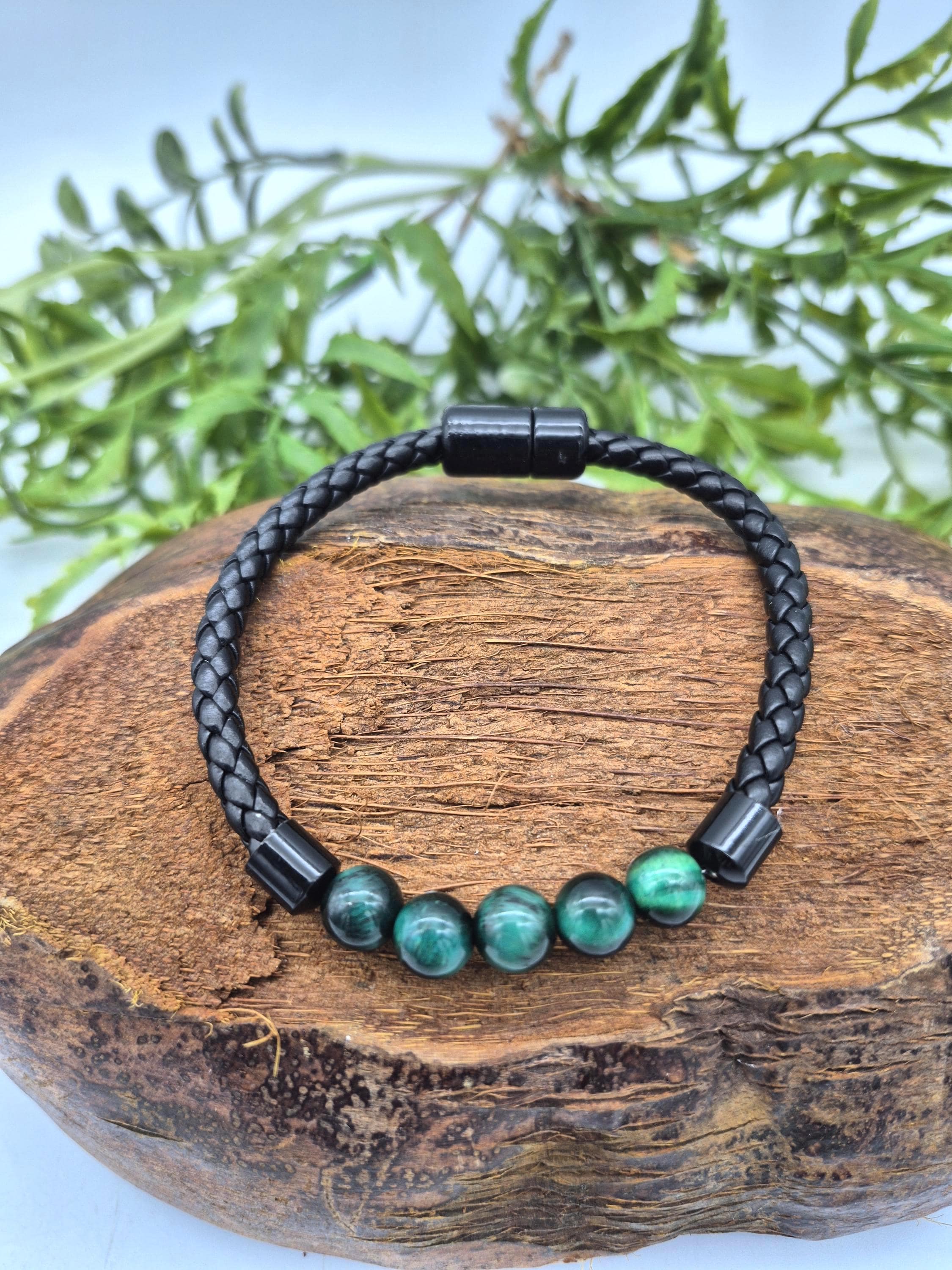 Malachite - Green Tiger Eye Leather Bracelet With Magnetic Clasp