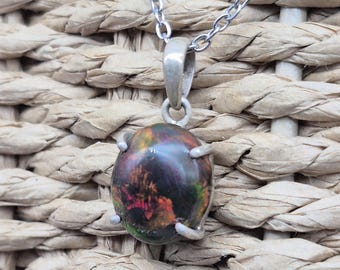 Ethiopian Black Fire Opal Necklace: Sterling Silver October Birthstone