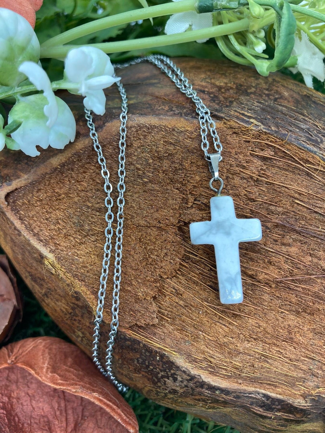 Howlite Crystal Cross Sterling Steel Necklace - Etsy