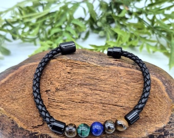 Männer Chakra Armband: Geflochtenes Leder mit Tigerauge & Lapis Lazuli