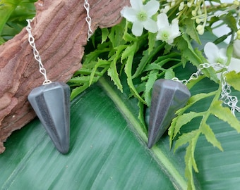 May include: Two black, pointed, crystal pendulums with silver chains hanging from a wooden branch and green leaves.