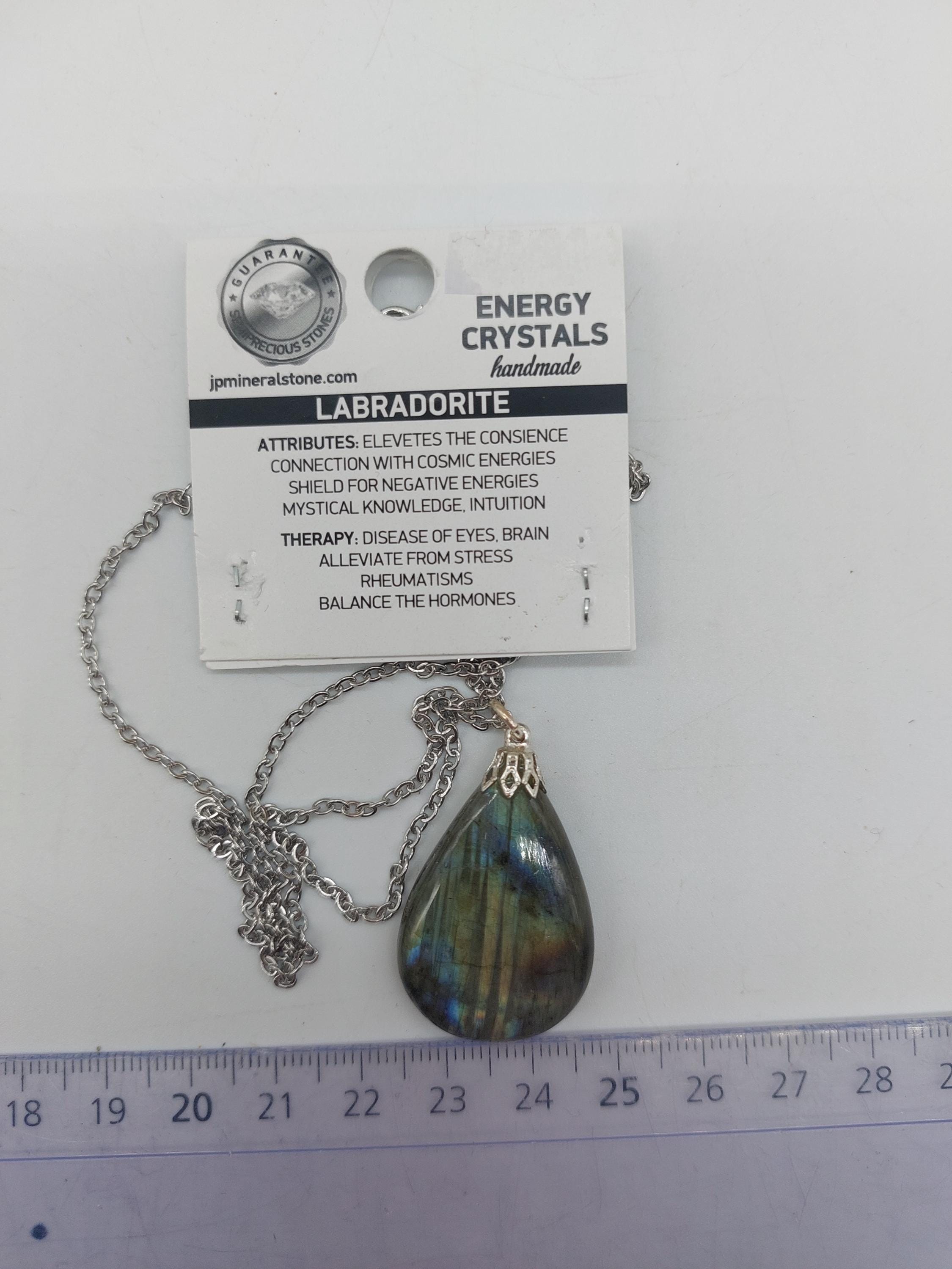 Collana Con Ciondolo In Labradorite Africana – Argento 925 Placcato Rodio – Pietra Blu/verde 10mm, Catena 50cm
