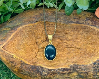 Black Obsidian Brass Pendant Cabochon Cut Healing Crystal