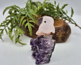 ローズクォーツ彫刻の鳥の置物：瑪瑙の羽根、アメジストの台座 - Etsy 日本