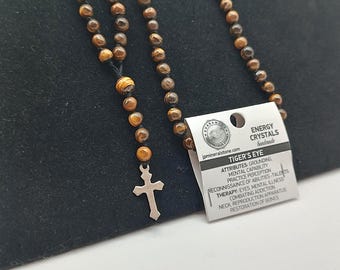 Crystal Rosary with Tiger's Eye Beads  925 Sterling Silver Medal Cross