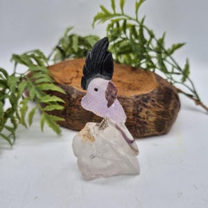 Amethyst Carved Brazilian Bird with Tourmaline and  Agate Feathers on Quartz Point Base – Gemstone Bird Figurine, Crystal Animal Sculpture