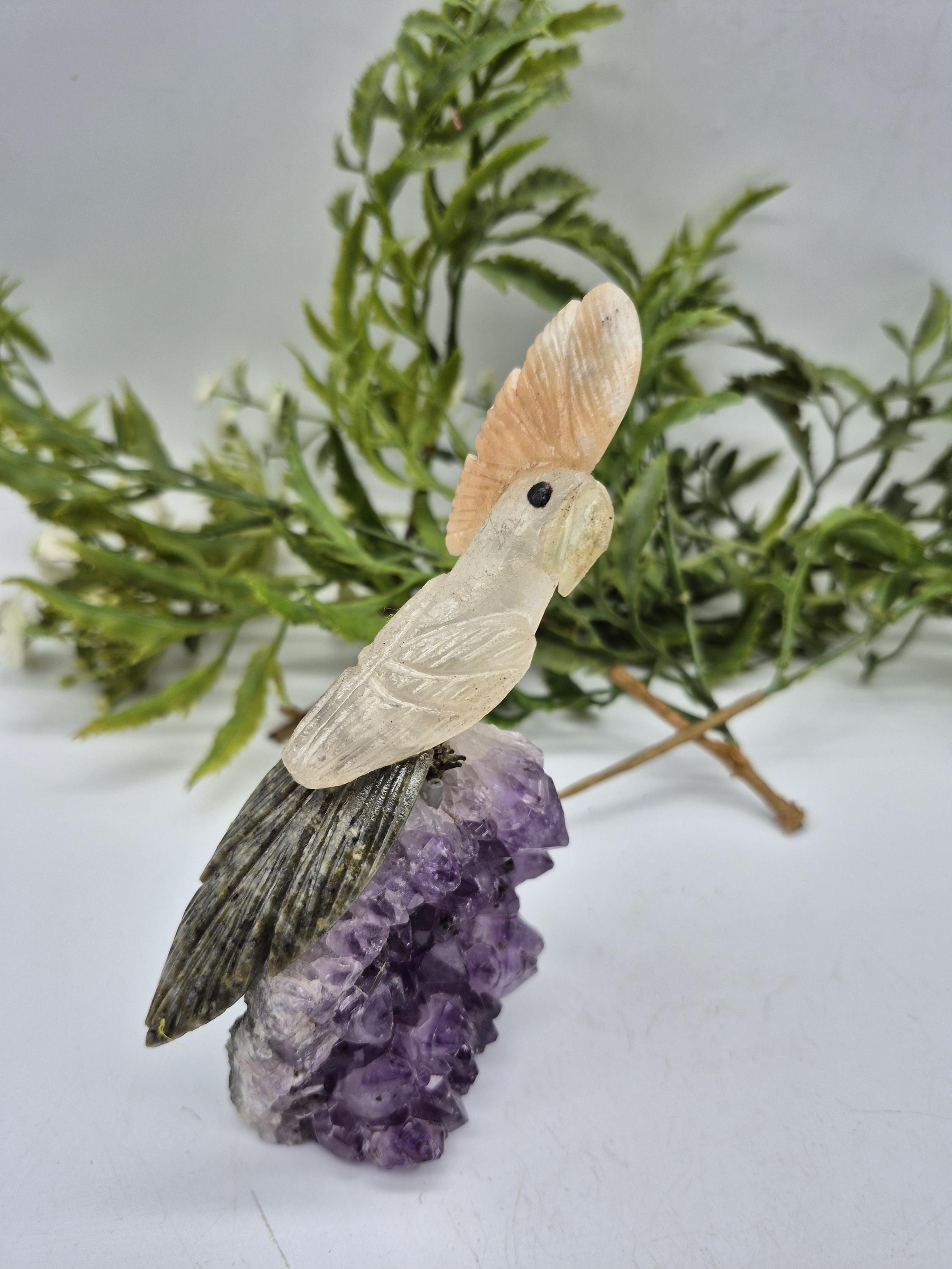 Quartz Carved Parrot on Amethyst Cluster: Calcite & Jade Gemstone