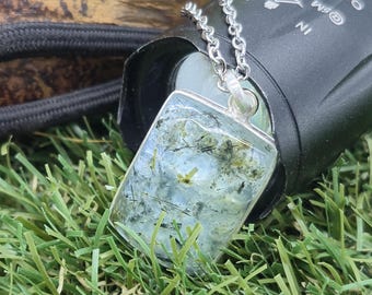 Prehnite Pendant Necklace with Green Tourmaline Inclusions in Silver Bezel with Steel Chain