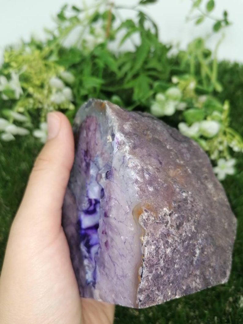 Puede incluir: Una gran geoda de &aacute;gata p&uacute;rpura con un exterior natural y rugoso y un interior liso y pulido. La geoda est&aacute; parcialmente abierta, revelando una hermosa formaci&oacute;n de cristales p&uacute;rpuras y blancos.