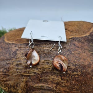 May include: A pair of dangle earrings featuring iridescent, teardrop-shaped brown shells. The shells are suspended from silver-colored hooks and small beads. The earrings are displayed on a white card against a natural, textured background.