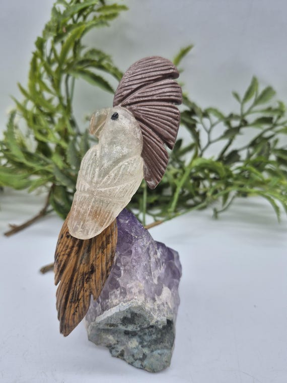 美品✨天然クリスタルとローズクオーツの鳥のオブジェ（アメジスト台座） 美品✨天然クリスタルとローズクオーツの鳥のオブジェ（アメジスト台座