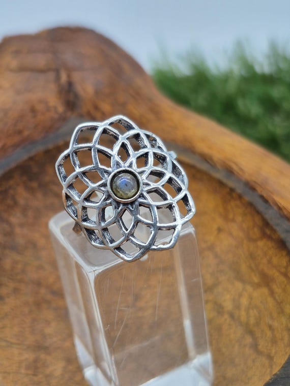 Labradorite Mandala Ring: Silver Plated Adjustable Gemstone Ring