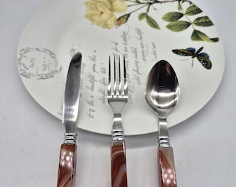 Juego de cubiertos artesanales de ágata marrón: vajilla elegante de acero inoxidable
