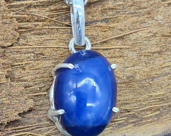 Blue Star Sapphire Silver 925 Bezel Necklace with Steel Chain, Gemstone Necklace for Him and for Her