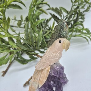 Rosenquarz geschnitzter Vogel auf Amethyst-Cluster mit Jade- und Calcit-Details, Vintage-Edelstein-Vogelschnitzerei