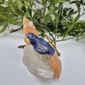 Vintage Sodalite Carved  Bird on Quartz Point and Orange Calcite Details, Gemstone Bird Figurine