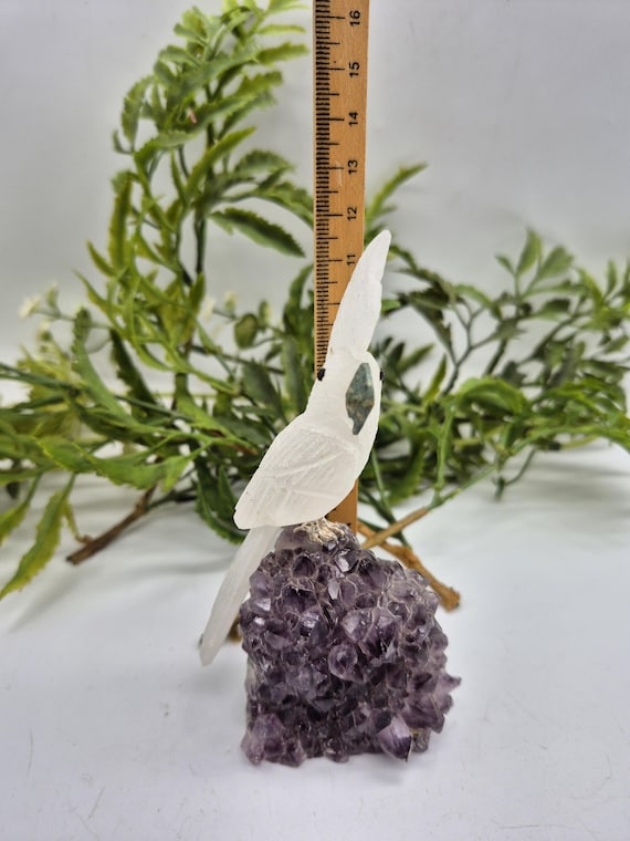 Quartz Crystal Bird on Amethyst Cluster Base: Hand-carved Gemstone