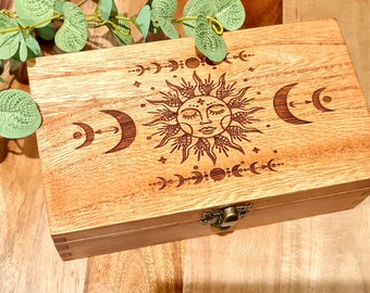 Celestial Sun Rectangular Box, RPG, Dice Box, Keepsake Box, Moon Phases, Memory Box, Wooden Box, Home Decor