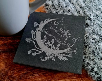 Moon Hare Coaster, Rabbit Lunar decor, Slate Coaster, Home dining, geek decor, Dungeons and dragons, gifts.