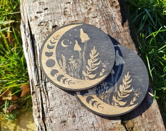 Mushroom Moon Black Set of 2 Wooden Coasters, Engraved Coasters