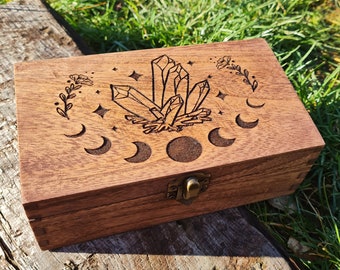 Crystal Moon Rectangular Box, RPG, Dice Box, Keepsake Box, Moon Phases, Memory Box, Wooden Box, Home Decor