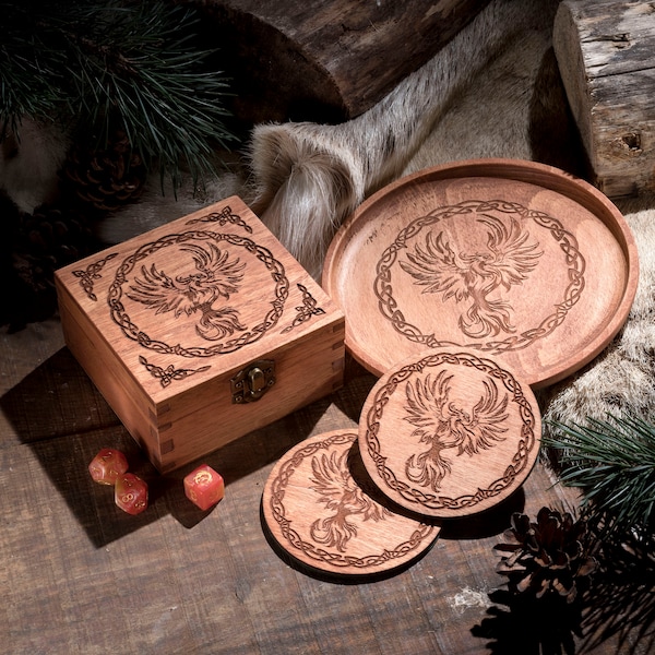 Phoenix Wooden Box, Bowl, Coasters, Woodland gifts, bear lover, Dice Box, RPG, Animal Box, Wooden Gift Personalised.