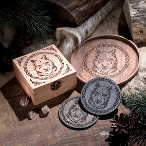 Wolf Wooden Box, Bowl, Coasters, Woodland gifts, bear lover, Dice Box, RPG, Animal Box, Wooden Gift Personalised.