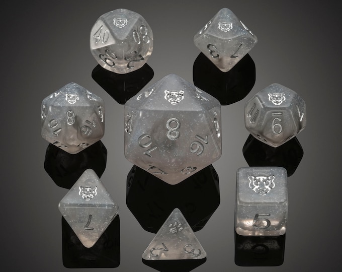 Dice Snow Leopard Set, Dungeons and Dragons, Pathfinder, D20, Geek Gift, Clear Dice, Dice