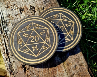 Dice D20 Black Set of 2 Wooden Coasters, Engraved Coasters