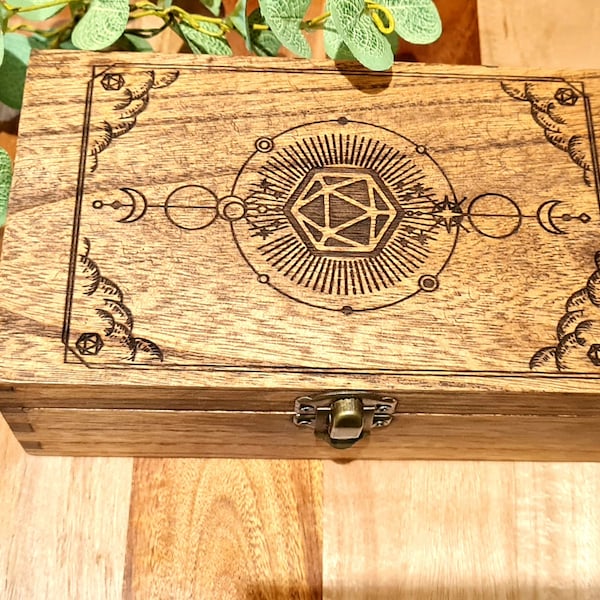 Dice Mystical Card Rectangular Box, RPG, Dice Box, Keepsake Box, Moon Phases, Memory Box, Wooden Box, Home Decor