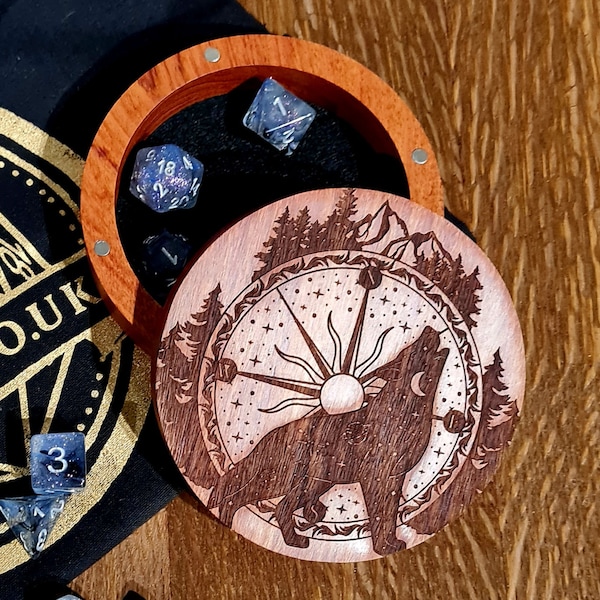 Compass Wolf Wooden Trinket or Dice Box, Rosewood, dice box, RPG, dungeons and dragons, geek gift