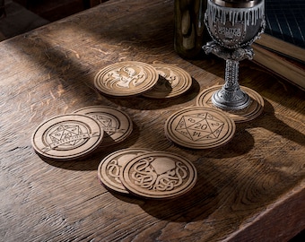 Set of 2 Fantasy Coasters, Pathfinder Drink Coasters, Wooden Coasters, Game Coasters, Dragon Lovers Gift, Engraved Coasters