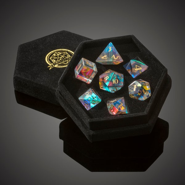 Rainbow Crystal Dice Full Set in Case, Dungeons and Dragons, Special Dice, Crystals Stones, RPG, Gaming Dice, Role Playing, Tabletop