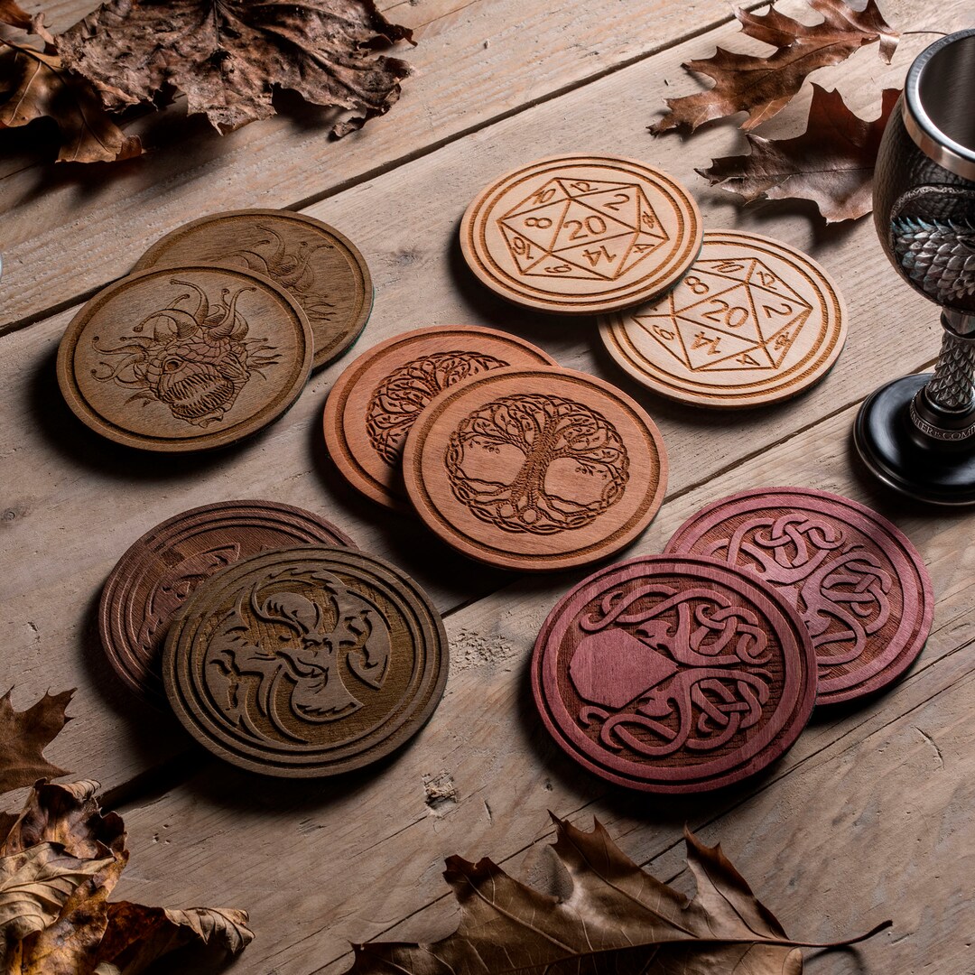 Set of 2 Fantasy Coasters, Pathfinder Drink Coasters, Wooden Coasters