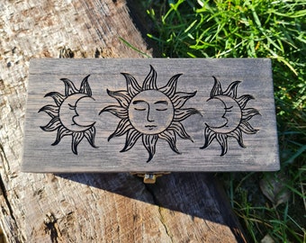 Wooden Sun Box for holding dice, trinkets, crystals, jewellery and more.
