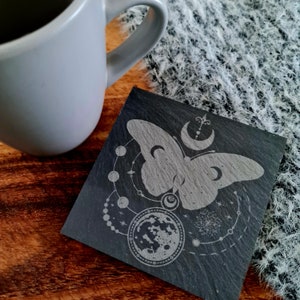 Lunar Moth Coaster, Spiritual decor, Slate Coaster, Home dining, geek decor, Dungeons and dragons, gifts.